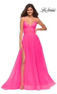 Neon Pink La Femme Neon Pink Prom Ball Gown with Pockets