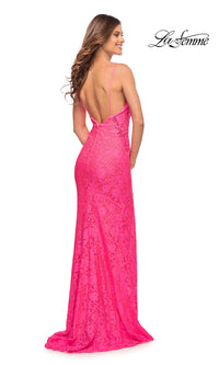  La Femme Neon Pink Long Floral-Lace Prom Dress