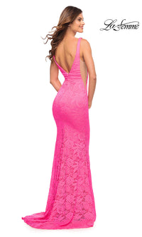  La Femme Neon Pink Long Lace V-Neck Prom Dress