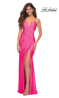 Neon Pink Open-Back La Femme Long Prom Dress with Beading