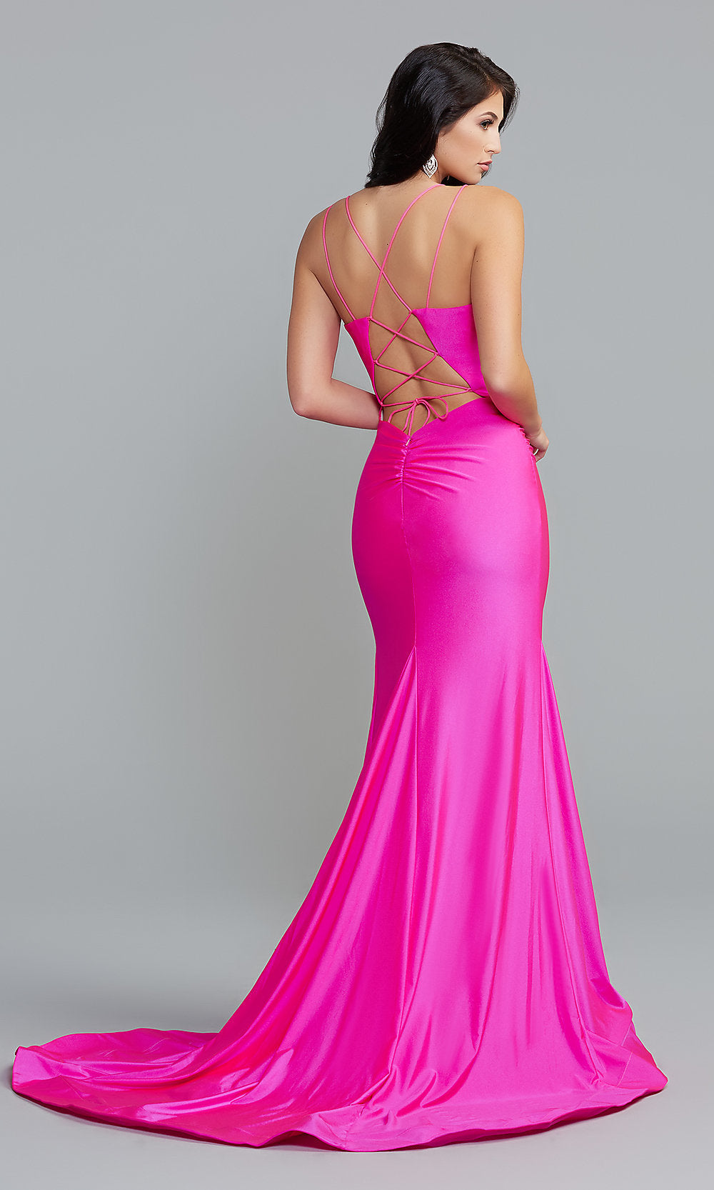  Neon Pink Long Prom Dress with Corset Back