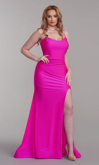  Neon Pink Long Prom Dress with Corset Back