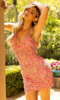Neon Pink Fitted Short Beaded Floral Homecoming Party Dress