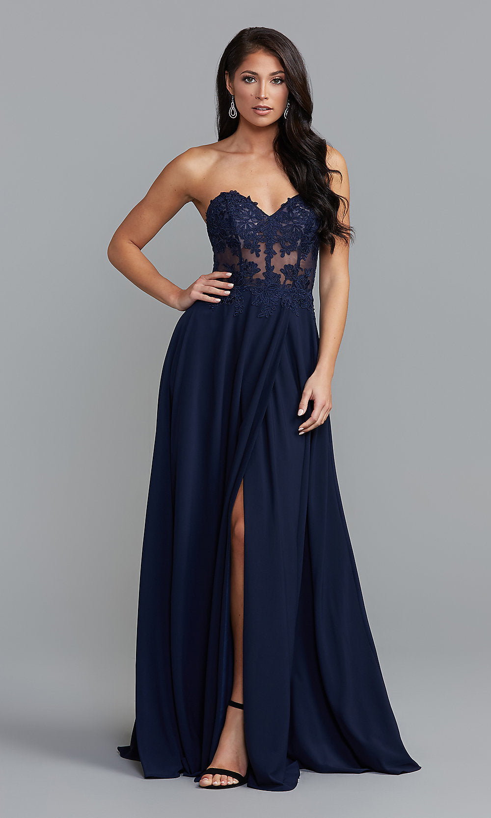  Strapless Sweetheart Sheer-Bodice Long Prom Dress