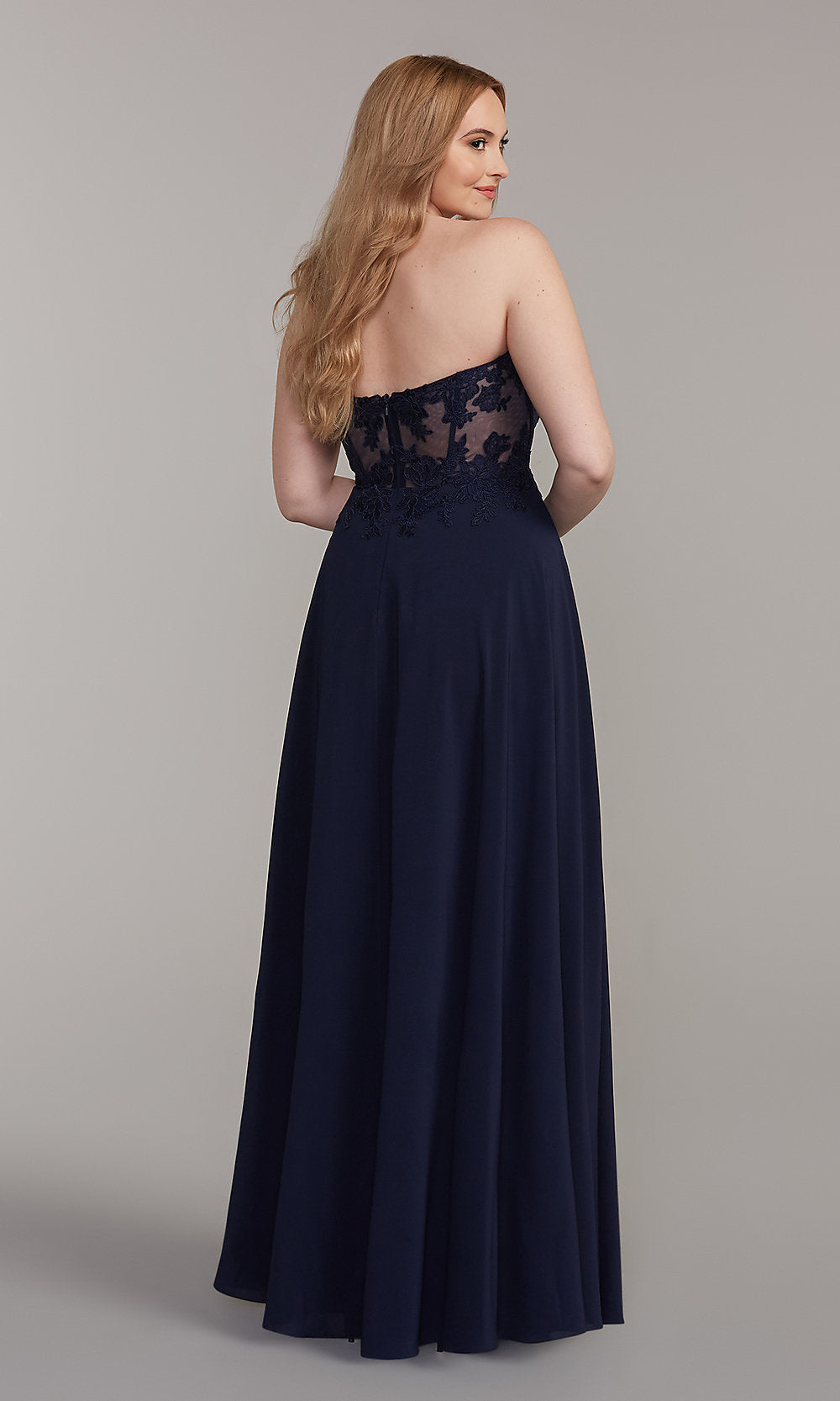  Strapless Sweetheart Sheer-Bodice Long Prom Dress