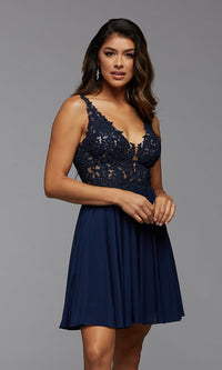 Neptune Open-Back Short Prom Dress with Embroidered Bodice