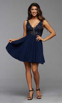  Open-Back Short Prom Dress with Embroidered Bodice