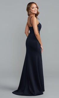 Long Formal Dress with Embroidered Sheer Sides