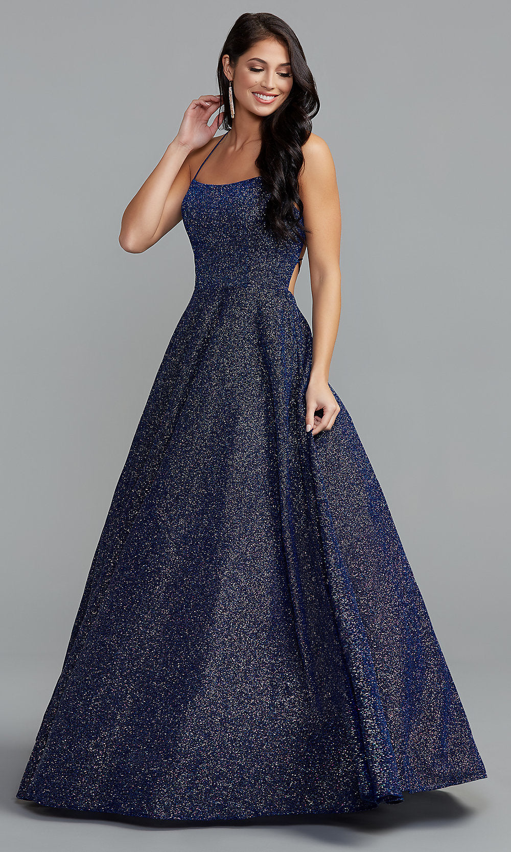 Night Fall Long Glitter A-Line Prom Ball Gown with pockets.