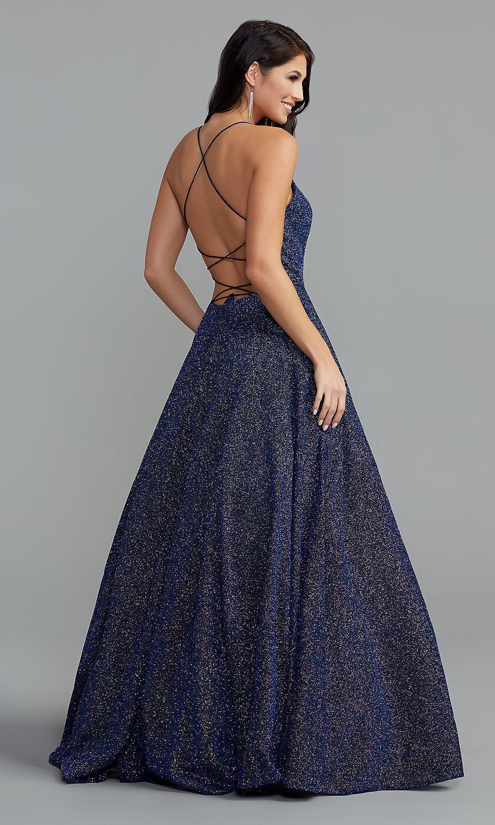  Long Glitter A-Line Prom Ball Gown with pockets.