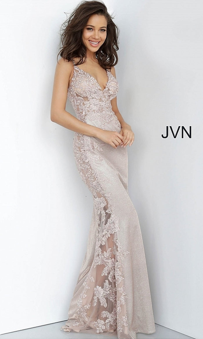 Nude JVN by Jovani Long Formal Dress with Sheer Panels