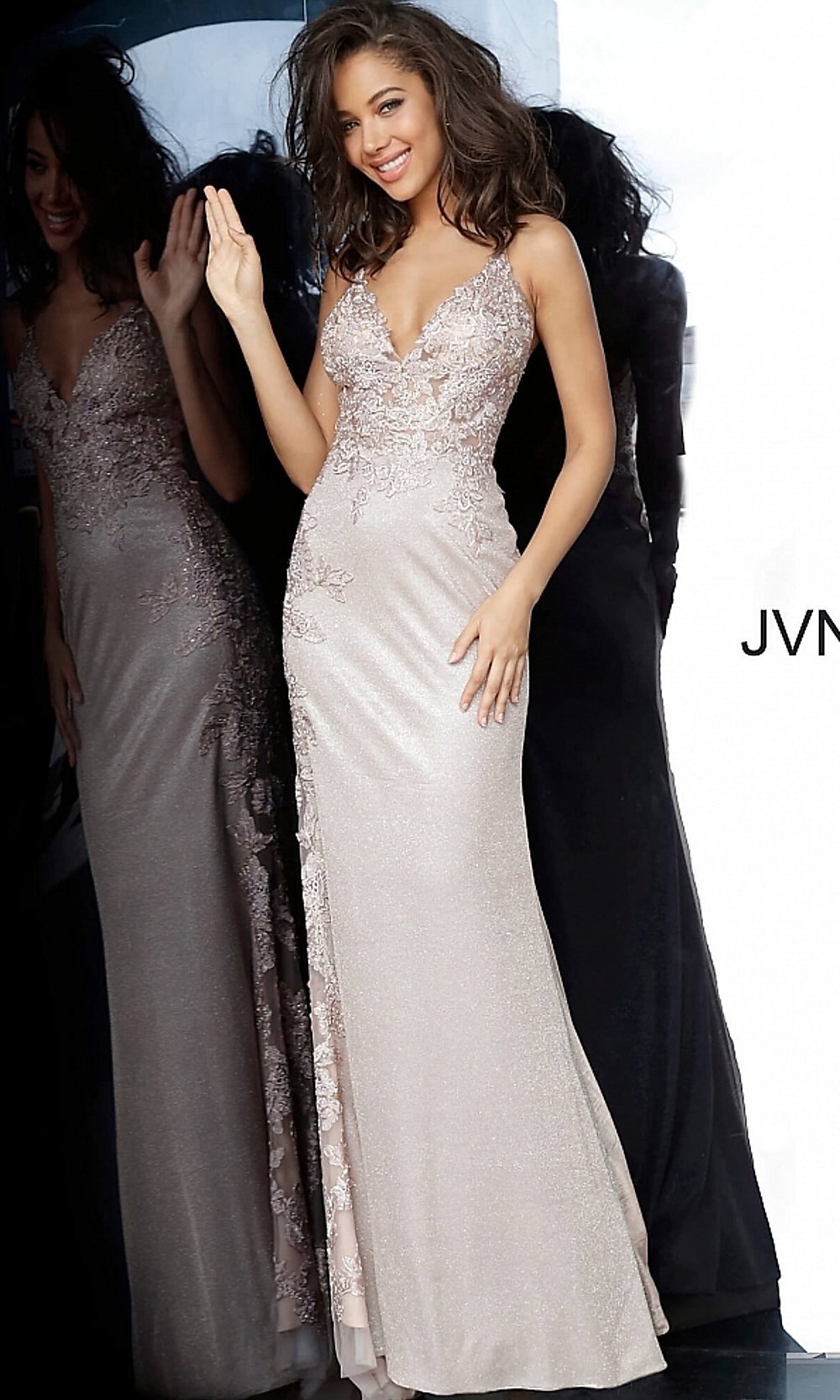  JVN by Jovani Long Formal Dress with Sheer Panels