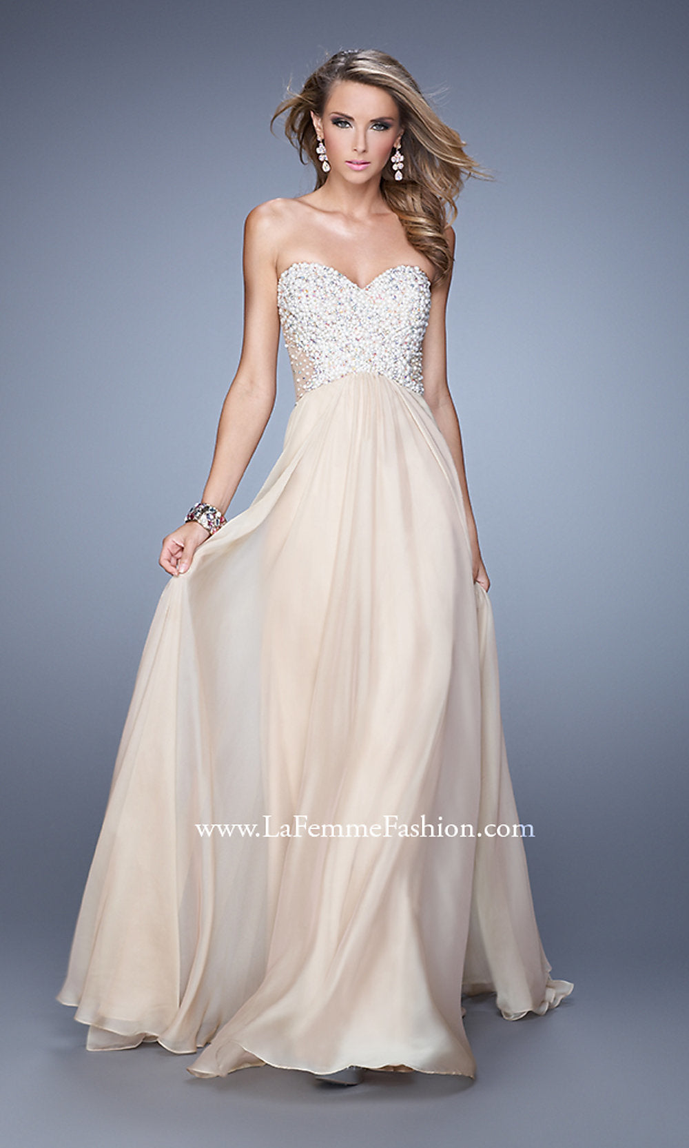  Strappy-Back Long Strapless Prom Dress with Beads