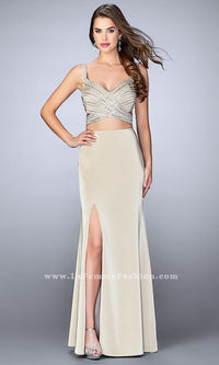 Nude La Femme V-Neck Mock Two Piece Prom Dress