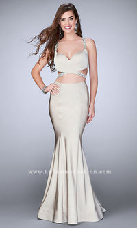 Nude Long Open Back Two Piece Prom Dress with Cut Outs