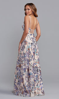  Corset-Back Long A-Line Sequin-Print Prom Dress