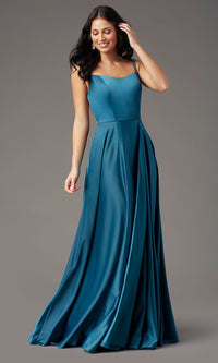  Square-Neck Long Satin Prom Dress by PromGirl