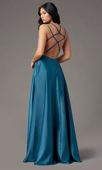  Square-Neck Long Satin Prom Dress by PromGirl