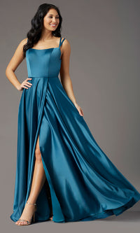 Ocean Square-Neck Long Satin Prom Dress by PromGirl