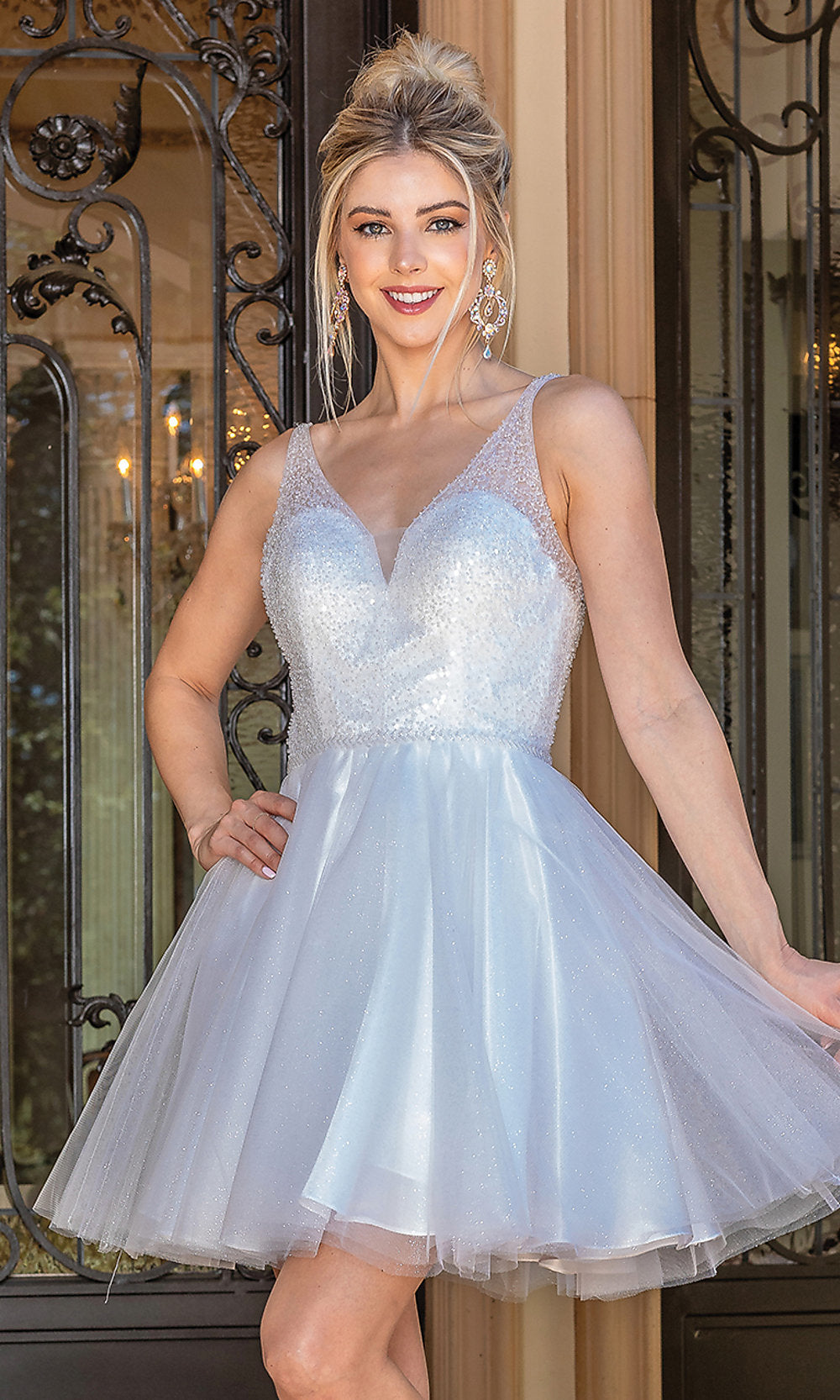 Off White Sequin-Bodice Glitter Short Prom Dress