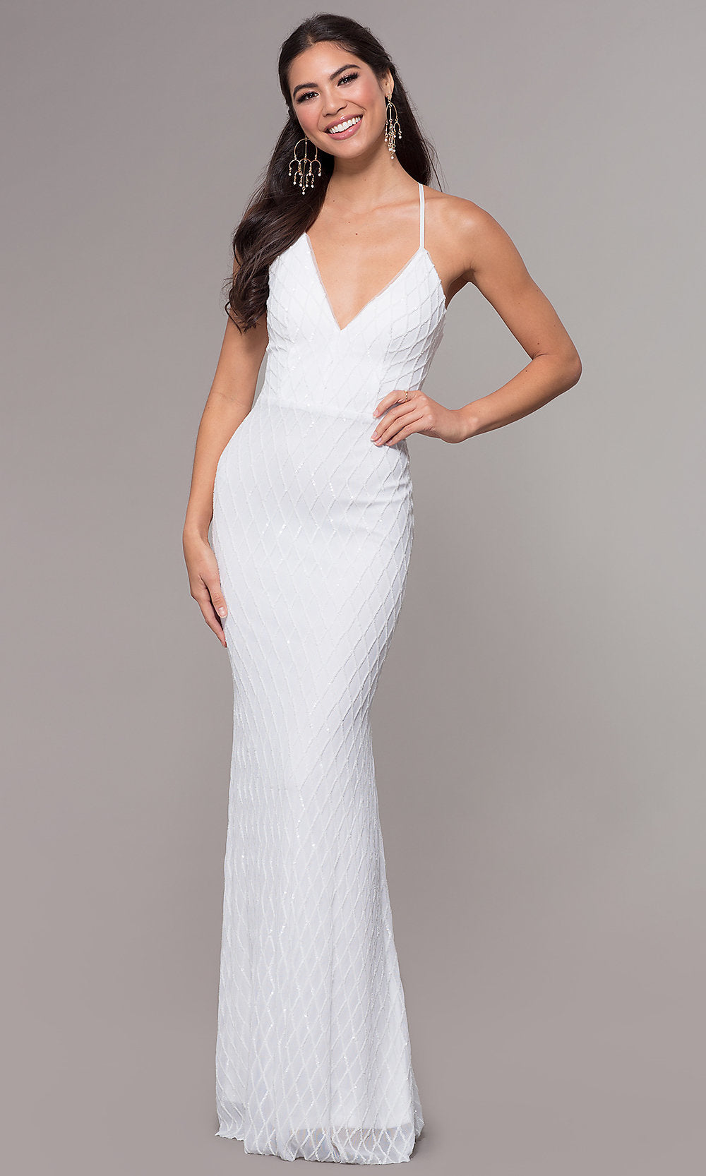  Sequin-Print Long V-Neck Formal Prom Dress