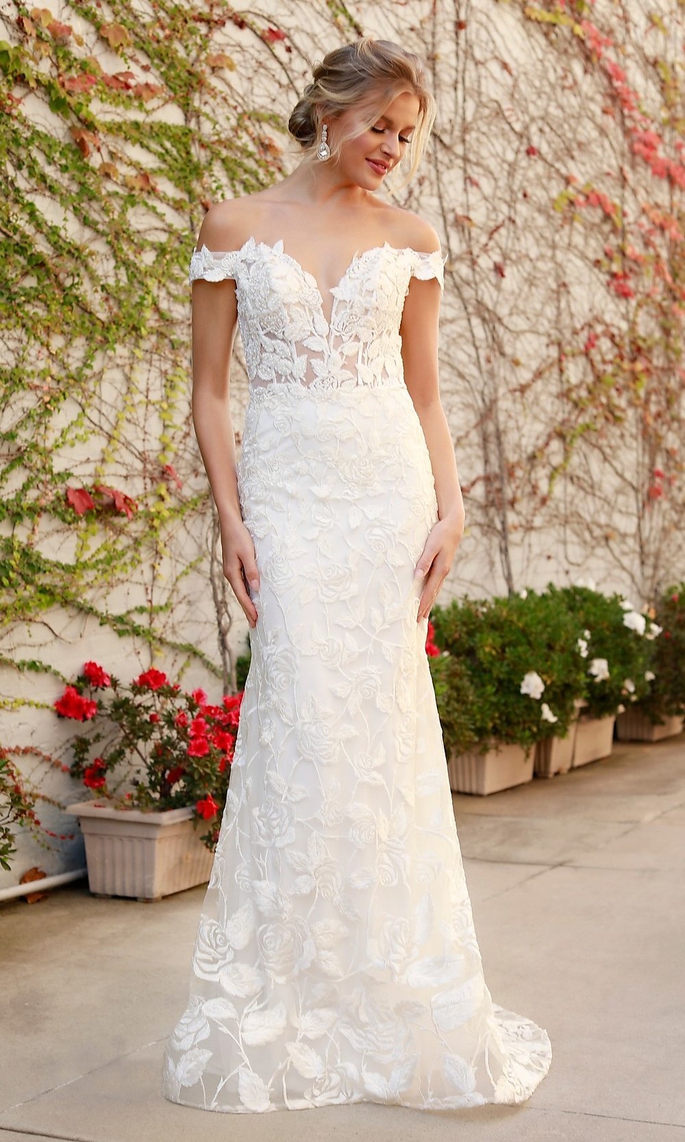 White Off-Shoulder Long Embroidered White Wedding Dress
