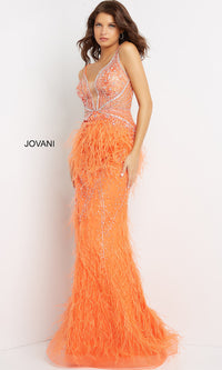 Orange Feather-Embellished Long Jovani Formal Prom Dress