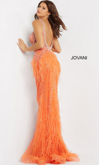 Feather-Embellished Long Jovani Formal Prom Dress