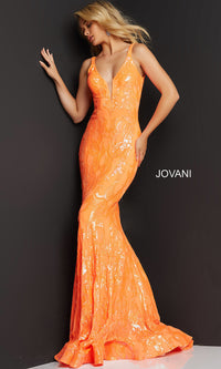 Orange Jovani Long Sexy Sequin Mermaid Formal Prom Dress