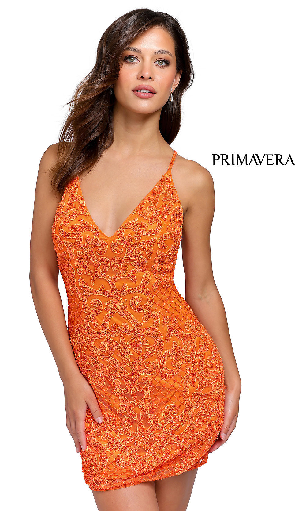 Orange Tight Short V-Neck Beaded Homecoming Party Dress