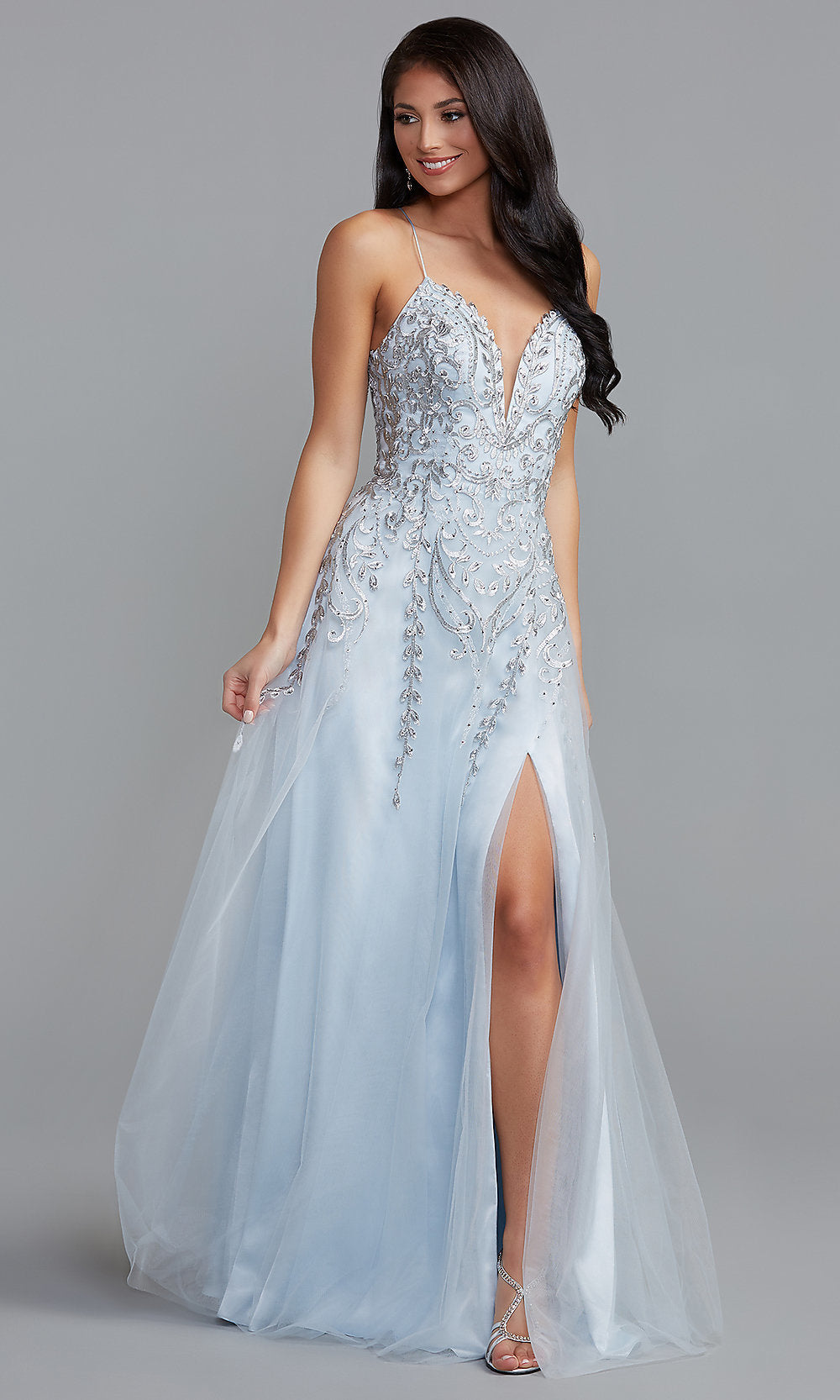 Pale Blue/Silver Metallic-Embroidered Long Corset-Back Prom Dress