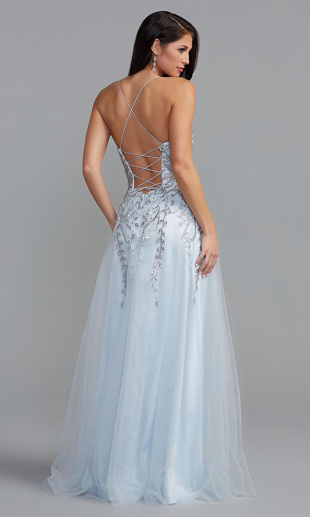  Metallic-Embroidered Long Corset-Back Prom Dress