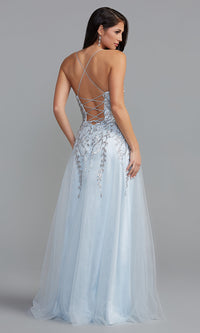  Metallic-Embroidered Long Corset-Back Prom Dress