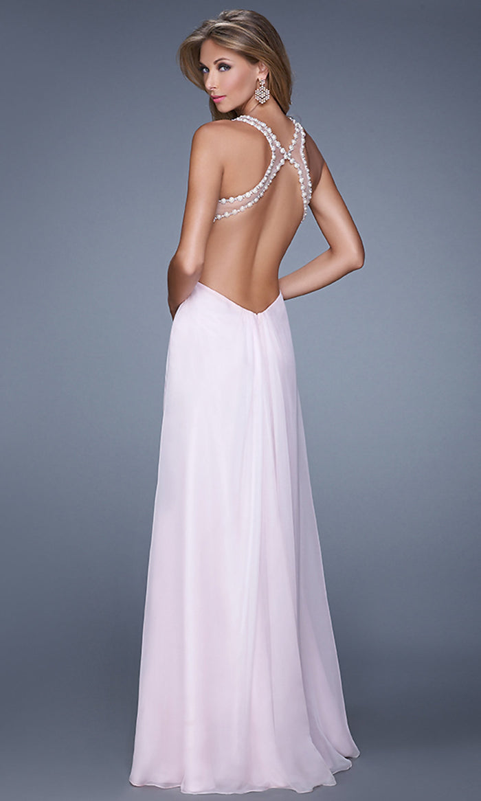 Pale Pink Backless High-Neck Long La Femme Prom Dress