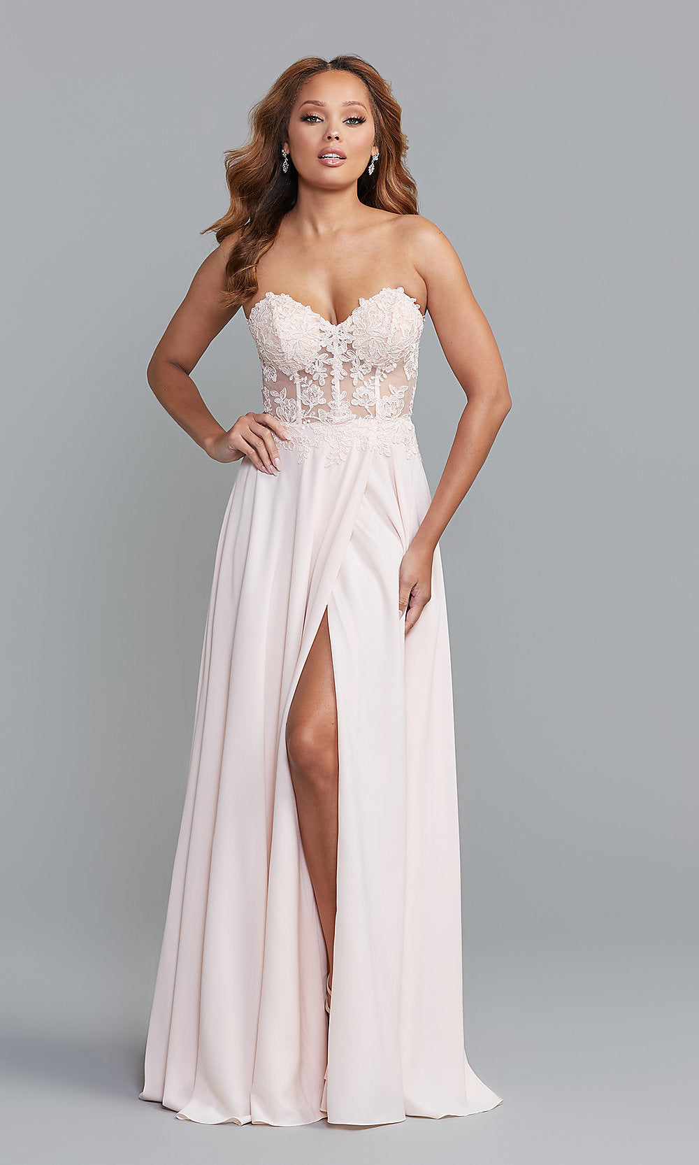  Strapless Sweetheart Sheer-Bodice Long Prom Dress