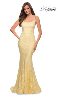 Pale Yellow Floral-Lace Long La Femme Mermaid Prom Dress