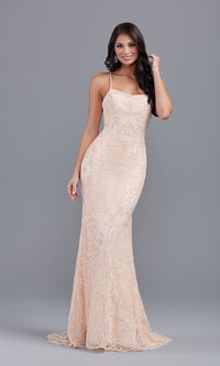 Peach Champagne Sequin-Print Long Formal Dress with Corset Back