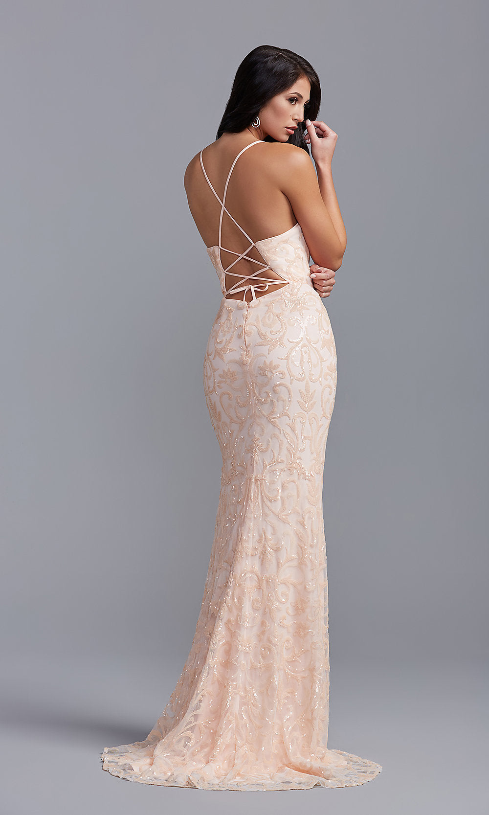  Sequin-Print Long Formal Dress with Corset Back