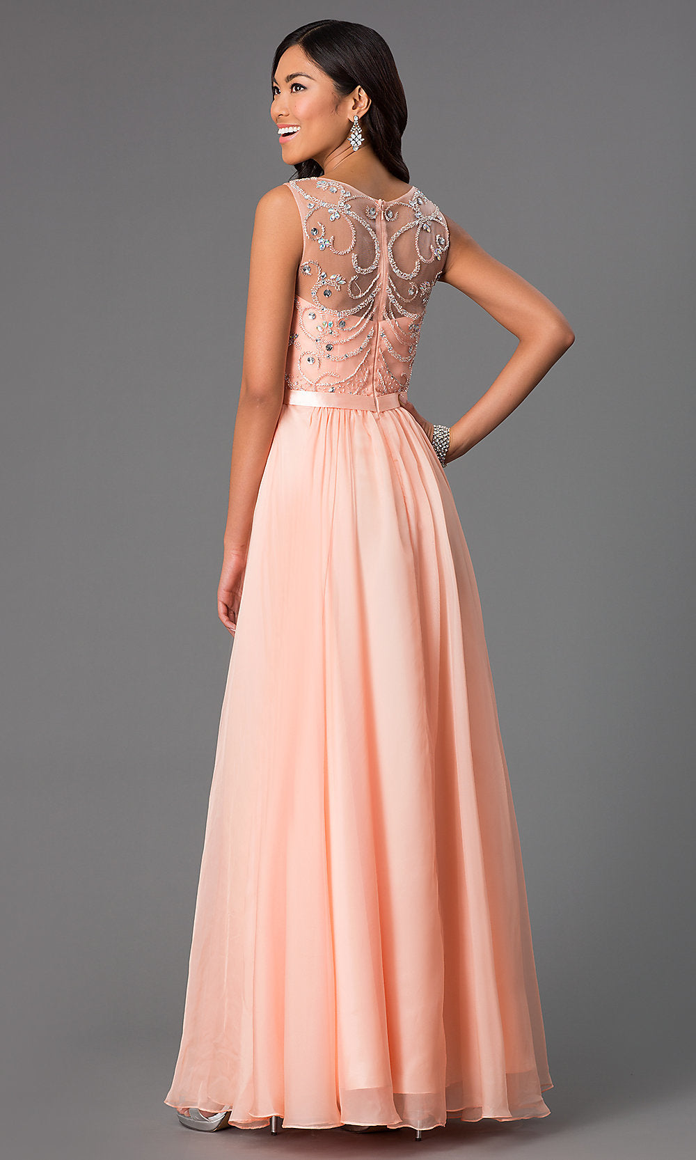 Long Sleeveless Prom Dress, Jeweled Evening Gown Champagne / XLarge Long Sleeveless Prom Dress, Jeweled Evening Gown Champagne / XLarge