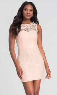 Peach Sleeveless Semi-Formal Short Lace Cocktail Dress