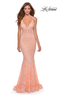 Peach La Femme Sheer-Waist Long Sequin-Lace Formal Dress