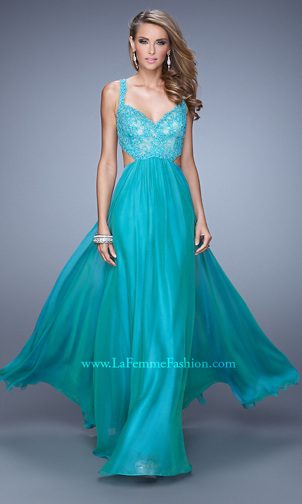 V-Neck La Femme Long Dress with Cut Out Sides Peacock / 00 V-Neck La Femme Long Dress with Cut Out Sides Peacock / 00