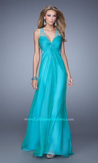 Peacock La Femme Strappy-Back Knot-Front Long Prom Dress