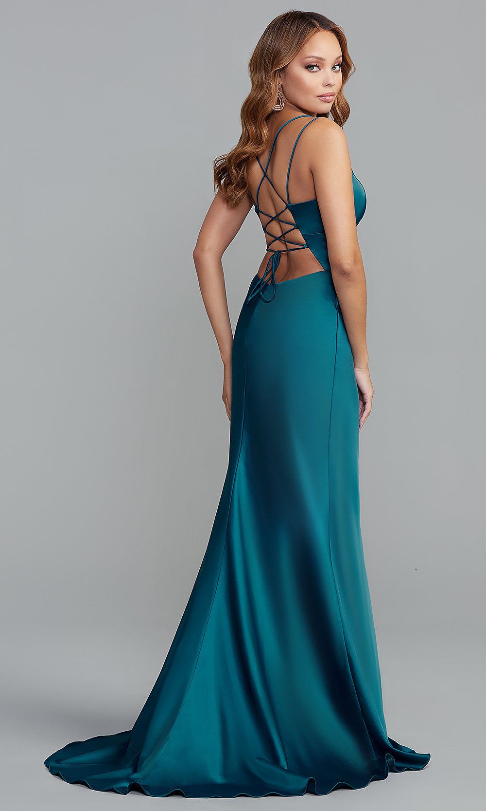  Statement-Back Long Prom Dress in Peacock Blue
