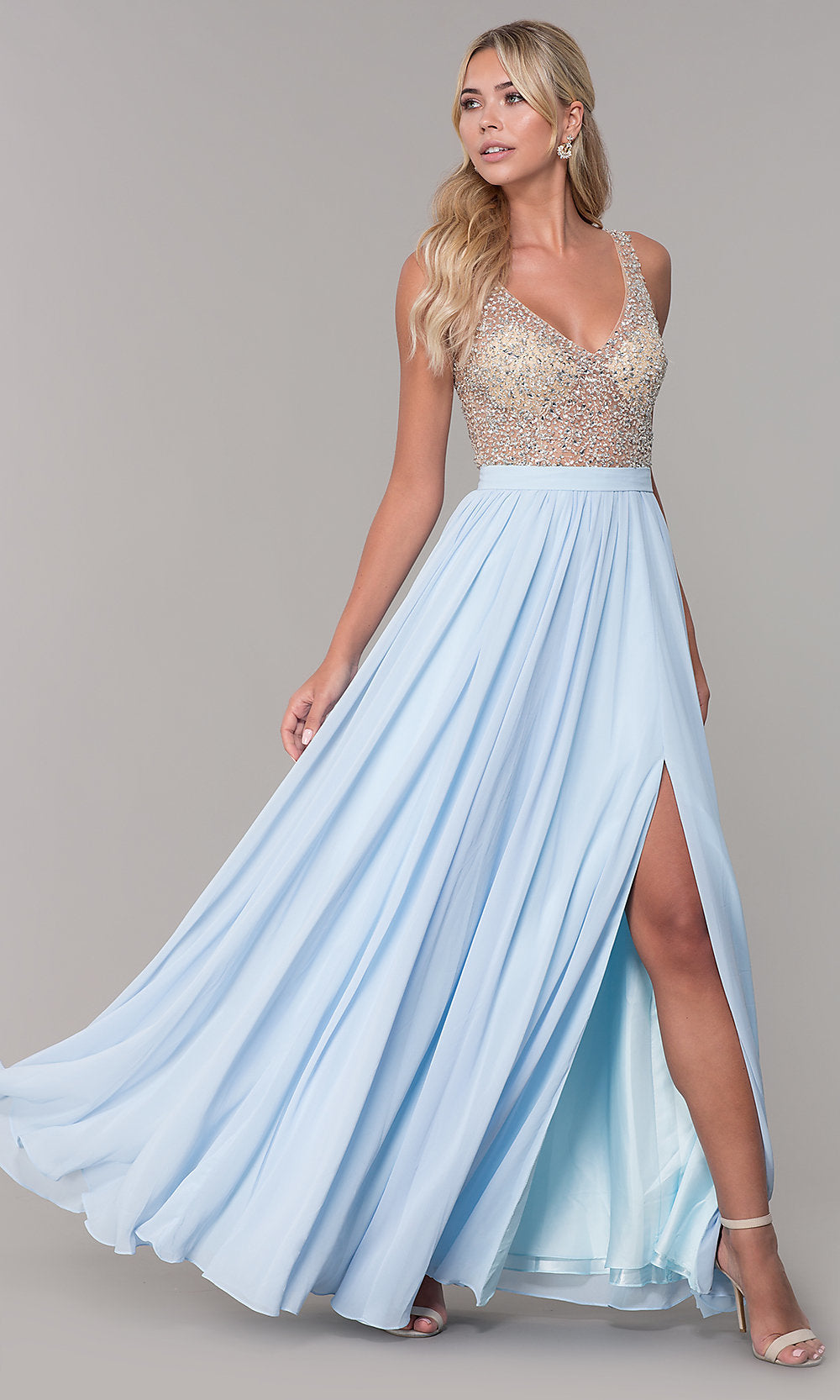 Periwinkle Beaded-Bodice Long Chiffon Formal Dress for Prom