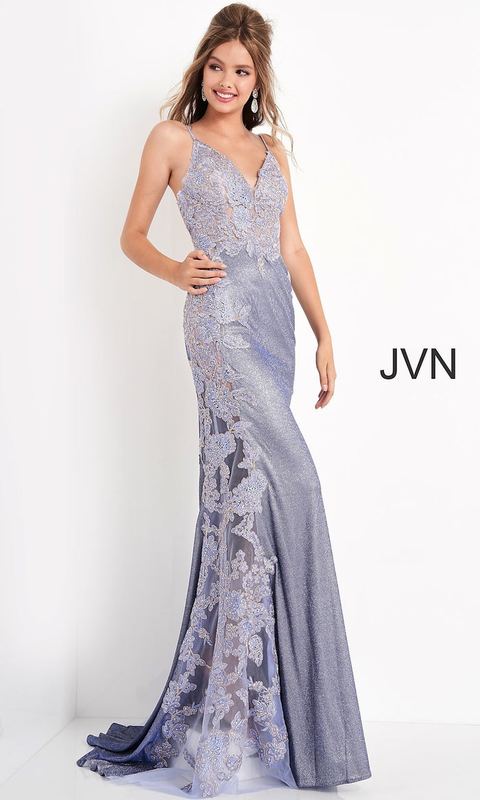 Periwinkle JVN by Jovani Long Formal Dress with Sheer Panels