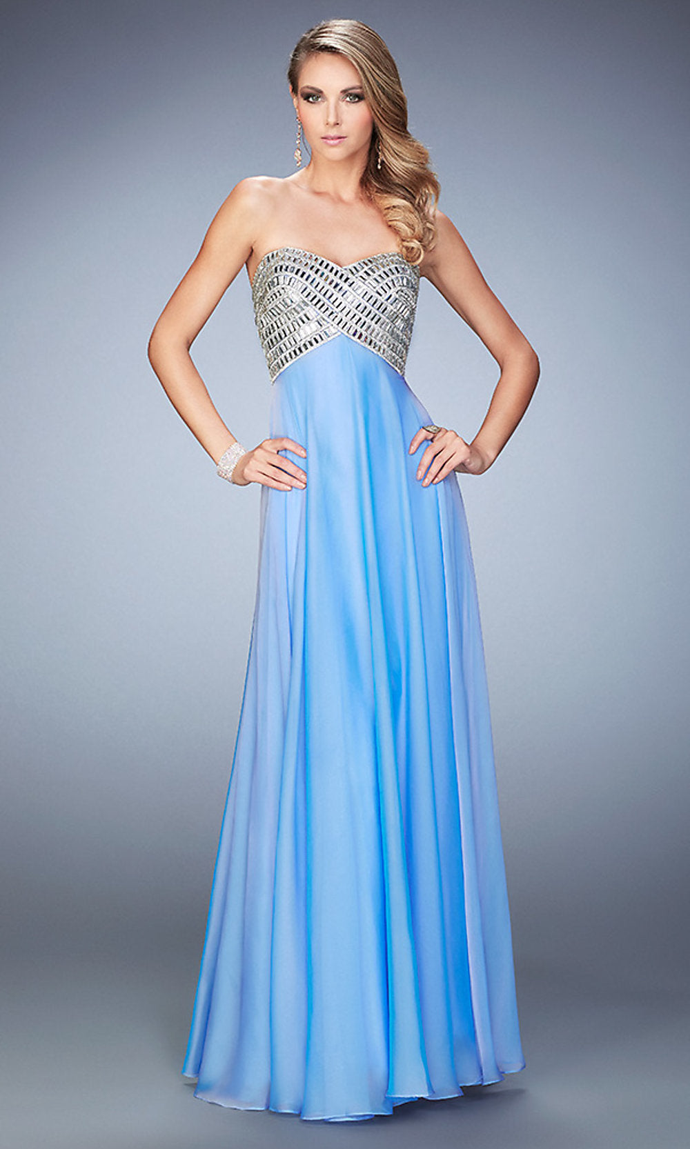 Periwinkle Floor Length Empire Waist Chiffon Open Back Gown by La Femme