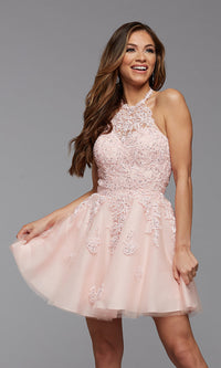 Petal Pink Corset-Back Short Prom Dress with High-Neck Halter