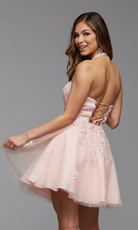  Corset-Back Short Prom Dress with High-Neck Halter