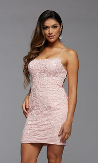 Petal Pink Short Tight Formal Prom Dress with Embroidered Lace